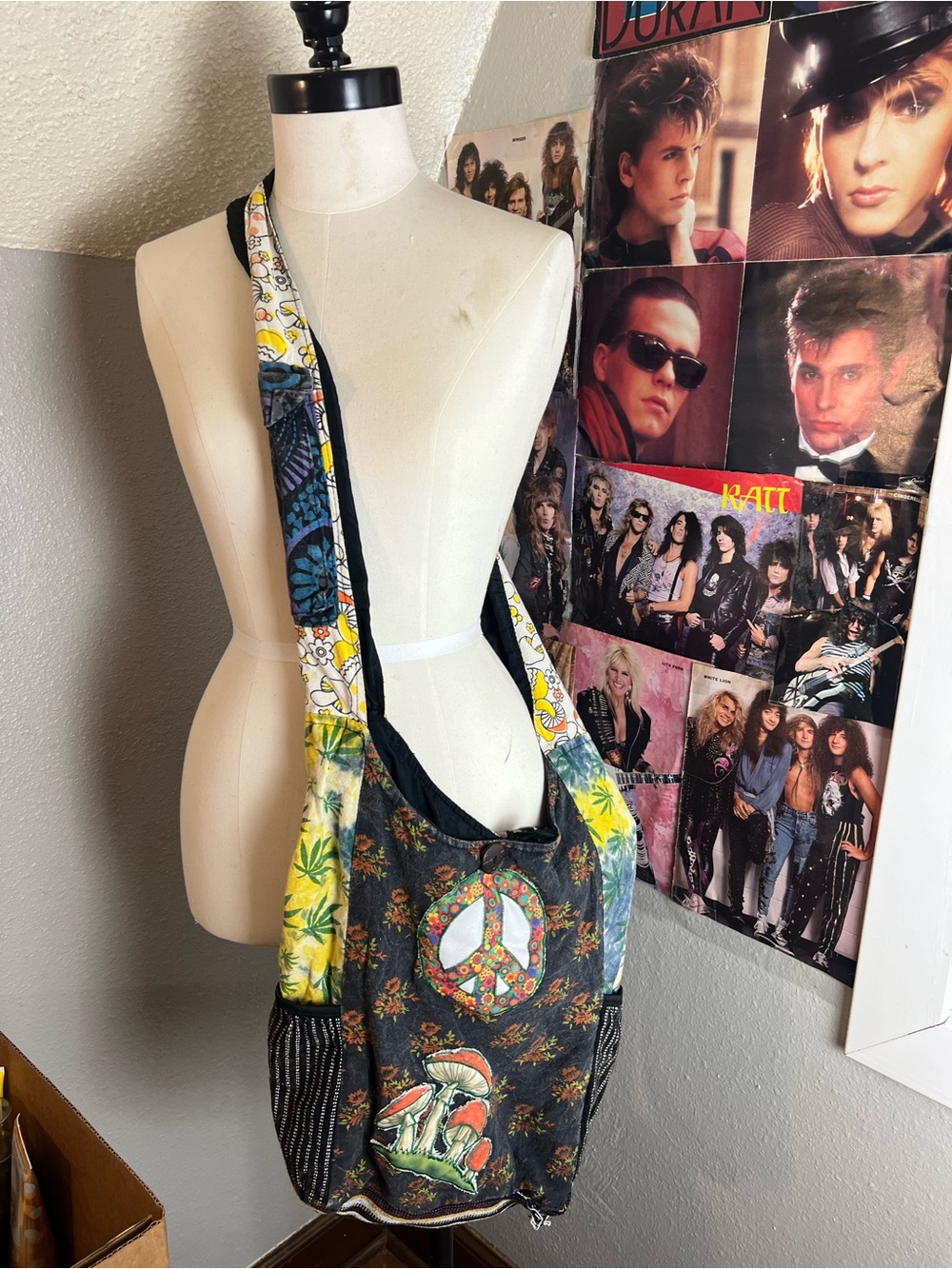 Source Unknown Black Multicolor Patchwork Peace Sign Crossbody Bag